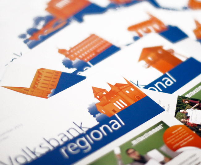 Für jede lokale Ausgabe wird eine regionale Sehenswürdigkeit im Volksbank-CI illustriert.