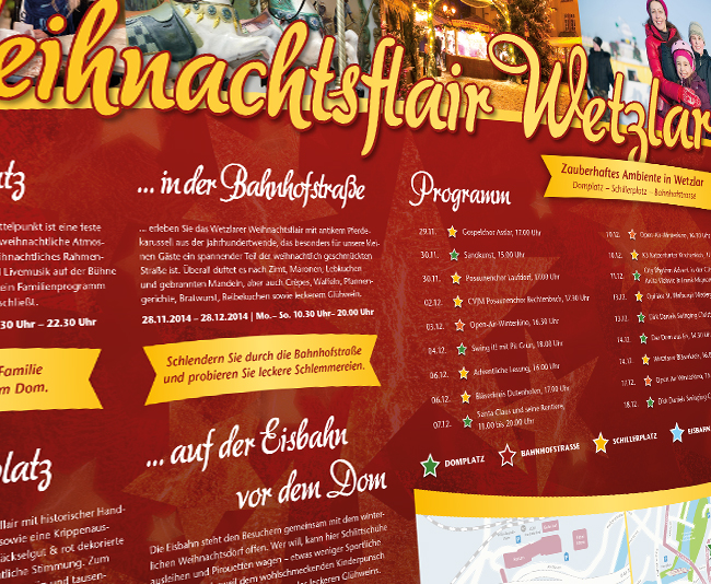Von warmen Farbtönen ummantelt finden sich Weihnachtsbummler und Touristen mithilfe der Veranstaltungskarte in Wetzlar zurecht und können auf einen Blick die Highlights der verschiedenen Weihnachtsmärkte ausmachen.